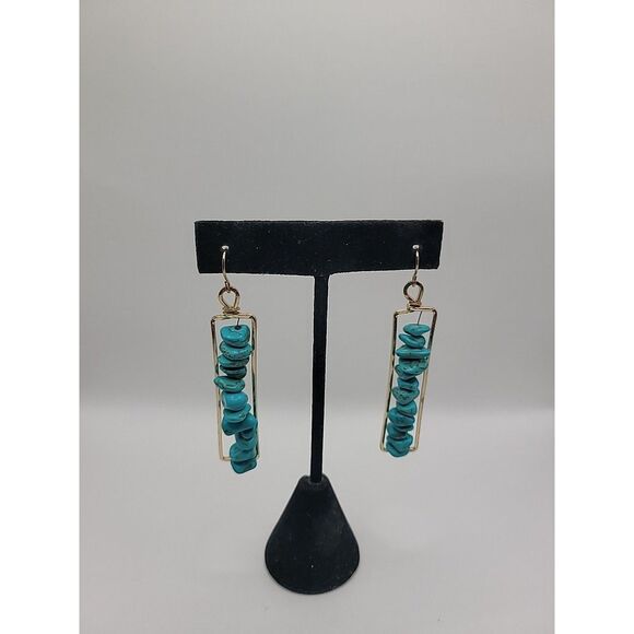 Vintage Blue Chip Bar Earrings Gold Tone Rectangular Dangle Boho Pierced Jewelry - Picture 3 of 11